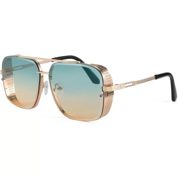 FEISEDY Sunglasses Mens Women Vintage Pilot Square Trendy Metal Steampunk Fishing Driving Sun Glasses B2894Gradient Green Pink