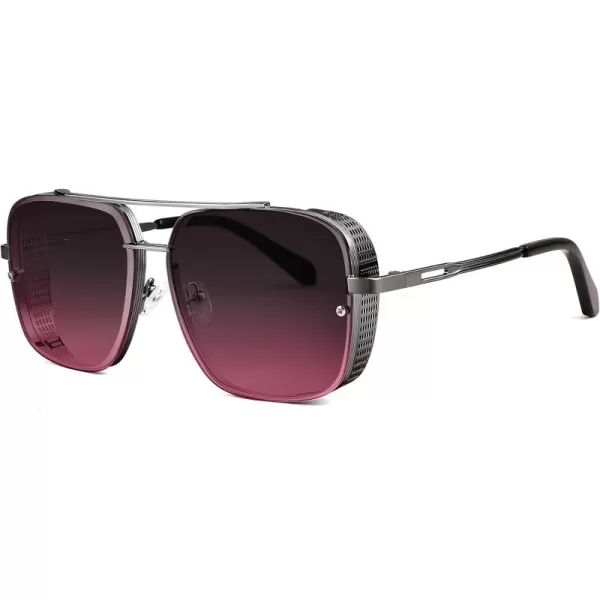 FEISEDY Sunglasses Mens Women Vintage Pilot Square Trendy Metal Steampunk Fishing Driving Sun Glasses B2894Gun Grey Frame Gradient Red