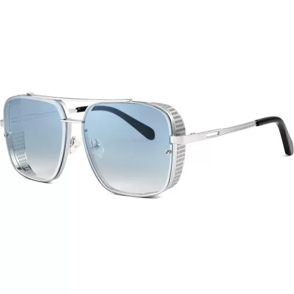 FEISEDY Sunglasses Mens Women Vintage Pilot Square Trendy Metal Steampunk Fishing Driving Sun Glasses B2894Silver Gradient Grey Blue