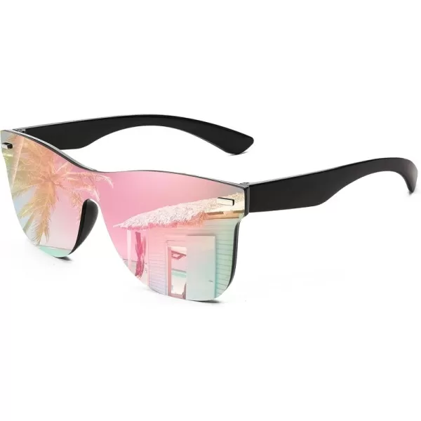 FEISEDY Sunglasses Rimless Mirrored Sun Glasses with Reflective OnePiece Lens B4114Black FramePink Mirror