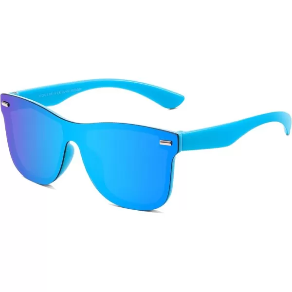 FEISEDY Sunglasses Rimless Mirrored Sun Glasses with Reflective OnePiece Lens B4114Blue FrameBlue Mirror