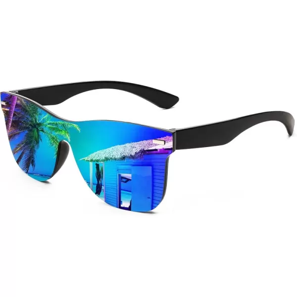 FEISEDY Sunglasses Rimless Mirrored Sun Glasses with Reflective OnePiece Lens B4114Green Blue Mirror