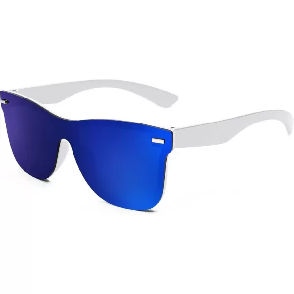 FEISEDY Sunglasses Rimless Mirrored Sun Glasses with Reflective OnePiece Lens B4114White FrameBlue Mirror