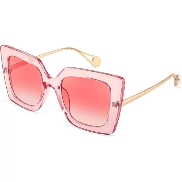 FEISEDY Sunglasses Womens Trendy Oversized Square Shades Pearl Inlay Cat Eye Frame UV400 Protection B2625Clear Pink