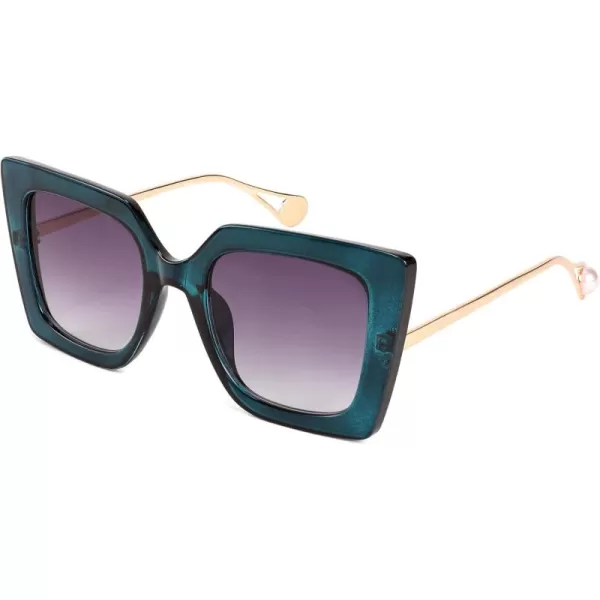 FEISEDY Sunglasses Womens Trendy Oversized Square Shades Pearl Inlay Cat Eye Frame UV400 Protection B2625Peacock Blue
