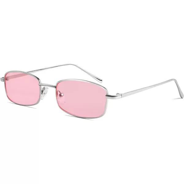 FEISEDY Vintage Small Rectangle Sunglasses Women Men Retro Trendy Square Metal Frame Sun Glasses B2295SilverPink