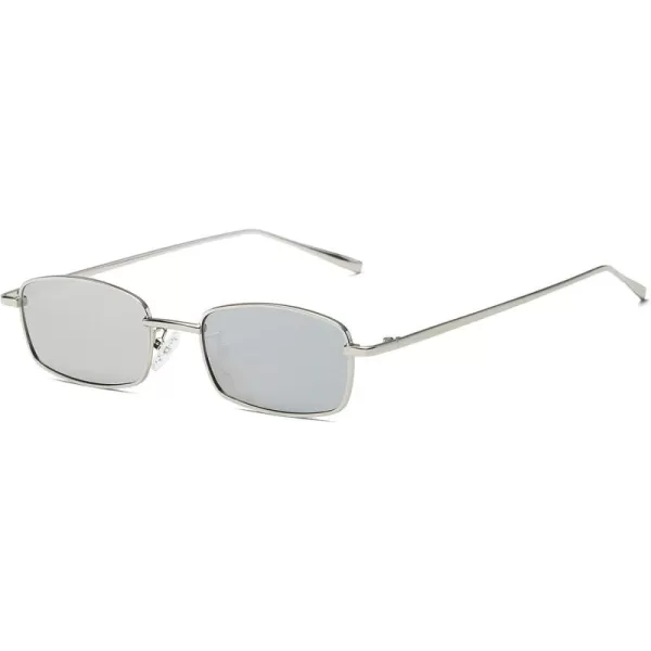 FEISEDY Vintage Small Rectangle Sunglasses Women Men Retro Trendy Square Metal Frame Sun Glasses B2295SilverWhite Mirrored