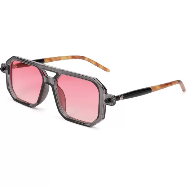 FEISEDY Vintage Square 70s Flat Aviator Sunglasses Women Men Classic Retro Stylish Frame UV400 Sunglasses B2622004 Gray Frame  Pink Lens