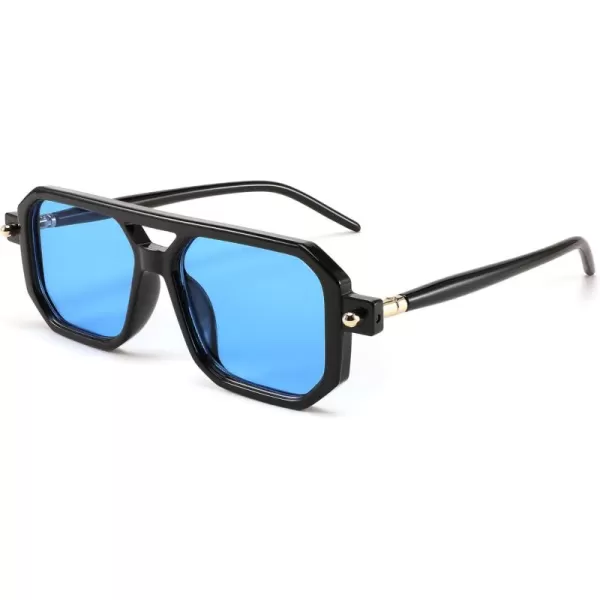 FEISEDY Vintage Square 70s Flat Aviator Sunglasses Women Men Classic Retro Stylish Frame UV400 Sunglasses B2622006 Black Frame  Blue Lens