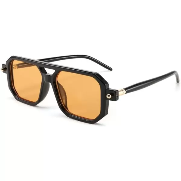 FEISEDY Vintage Square 70s Flat Aviator Sunglasses Women Men Classic Retro Stylish Frame UV400 Sunglasses B2622007 Black Frame  Orange Lens