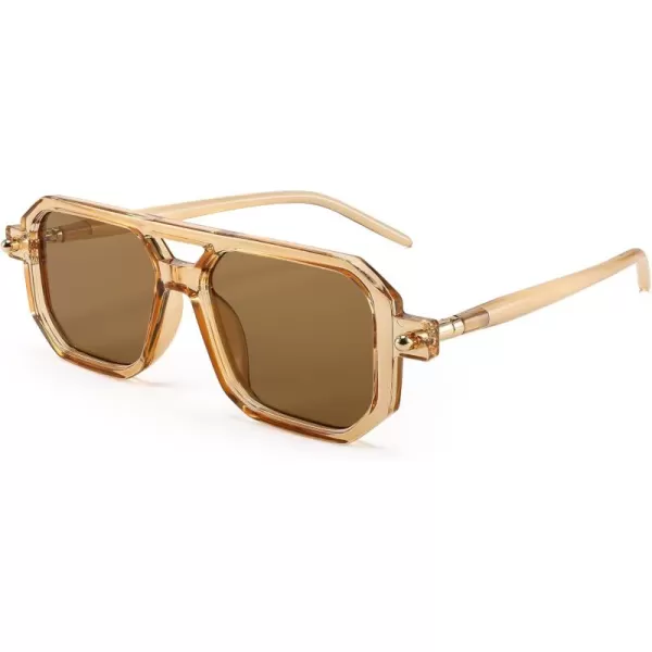 FEISEDY Vintage Square 70s Flat Aviator Sunglasses Women Men Classic Retro Stylish Frame UV400 Sunglasses B2622008 Brown Transparent Frame  Brown Lens