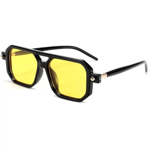 FEISEDY Vintage Square 70s Flat Aviator Sunglasses Women Men Classic Retro Stylish Frame UV400 Sunglasses B2622014 Black Frame  Bright Yellow Lens