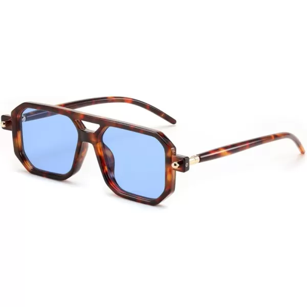 FEISEDY Vintage Square 70s Flat Aviator Sunglasses Women Men Classic Retro Stylish Frame UV400 Sunglasses B2622017 Leopard Frame  Blue Lens