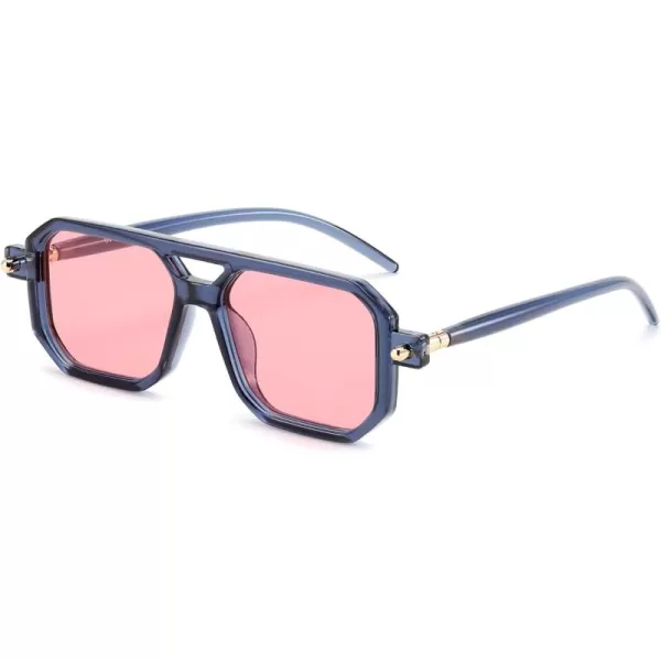 FEISEDY Vintage Square 70s Flat Aviator Sunglasses Women Men Classic Retro Stylish Frame UV400 Sunglasses B2622019 Ink Blue Frame  Pink Lens