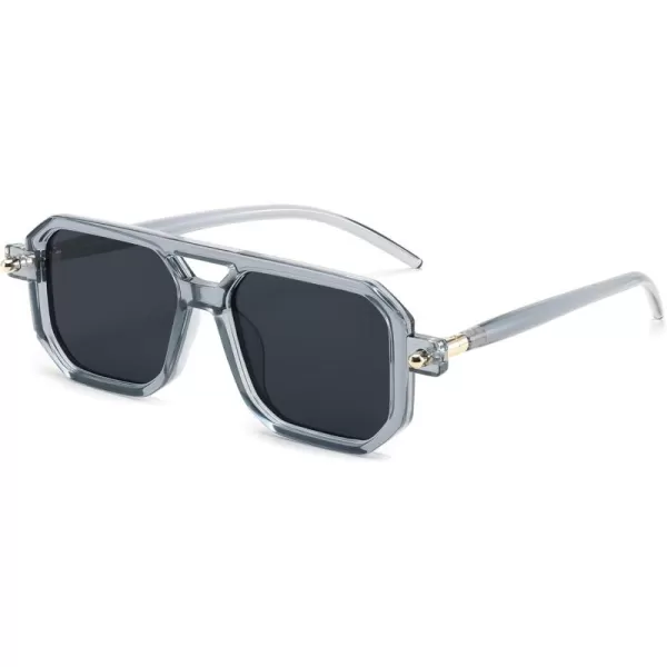 FEISEDY Vintage Square 70s Flat Aviator Sunglasses Women Men Classic Retro Stylish Frame UV400 Sunglasses B2622022 Transparent Grey Frame  Grey Lens
