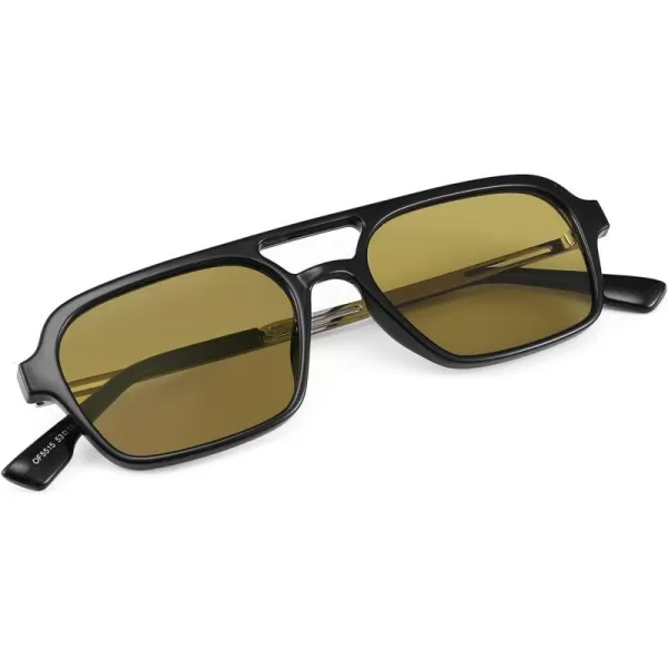 FEISEDY Vintage Square 70s Flat Aviator Sunglasses Women Men Metal Design Shades B2752Black FrameYellowish Green Lens