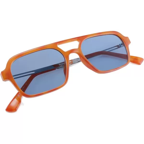 FEISEDY Vintage Square 70s Flat Aviator Sunglasses Women Men Metal Design Shades B2752Orange FrameBlue Lens