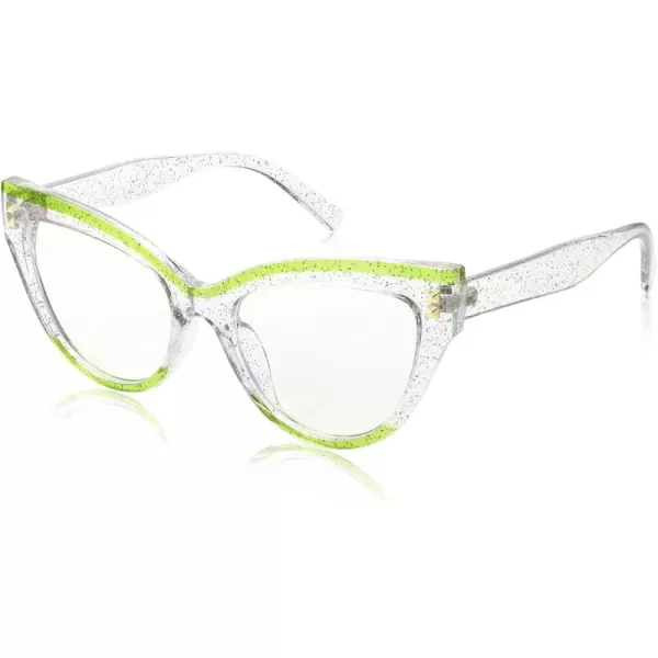 FEISEDY Women Oversized Blue Light Blocking Computer Glasses Fake Nerd Cat Eye Glasses Frame Anti Eyestrain B2323Glitter Silver  Green Frame