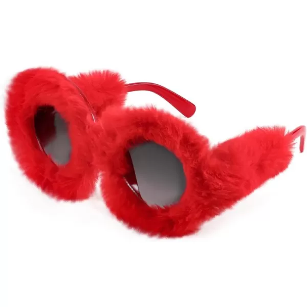 FEISEDY Women Plush Fuzzy Round Sunglasses Punk Soft Velvet Shades Ladies Handmade Party Cosplay Eyewear B2889Red