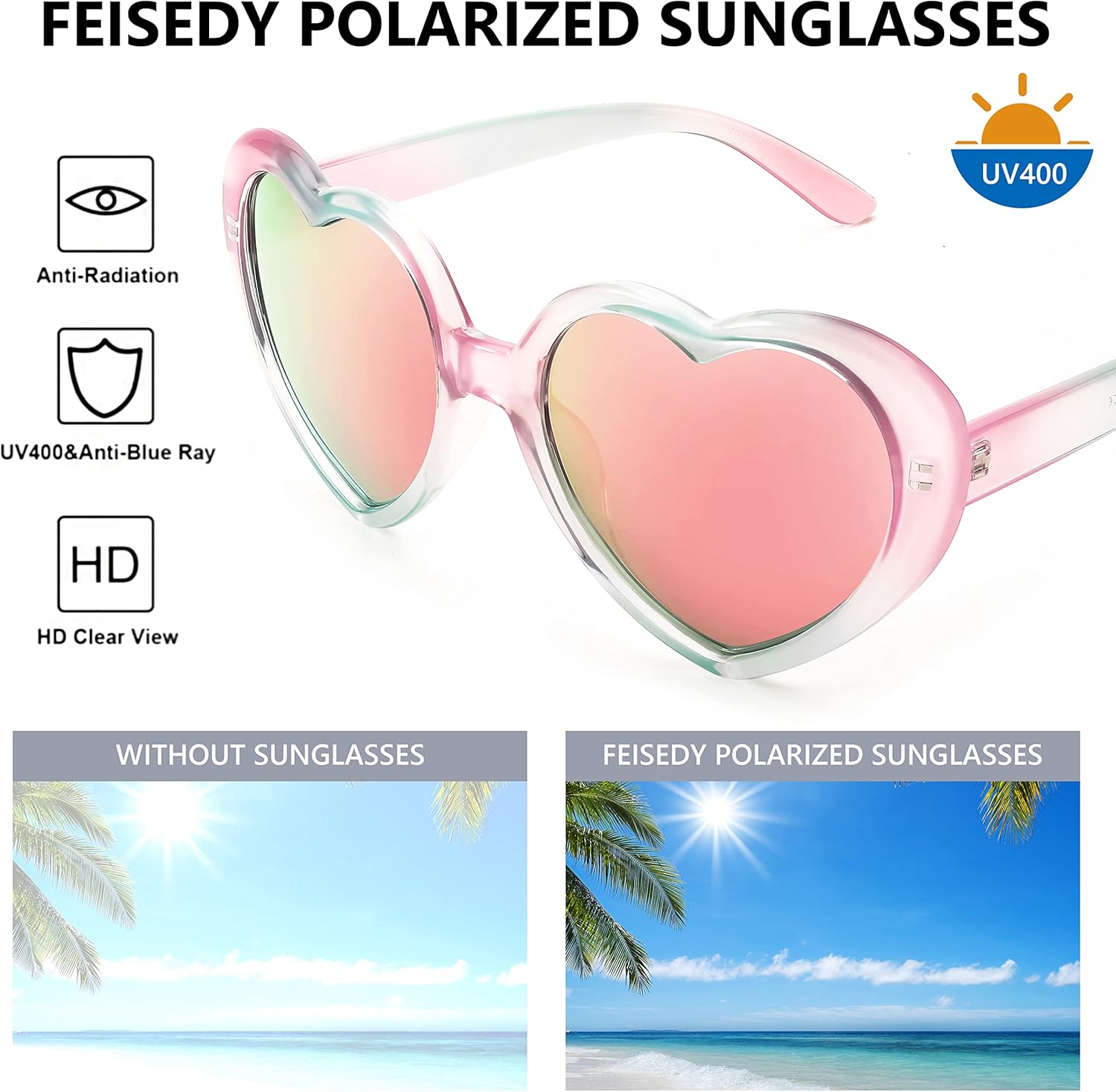 FEISEDY Polarized Heart Shaped Sunglasses Oversized Vintage Fashion Love Eyeglasses for Women UV400 B2337Pinkgreen Frame  Mirror Pink Lens