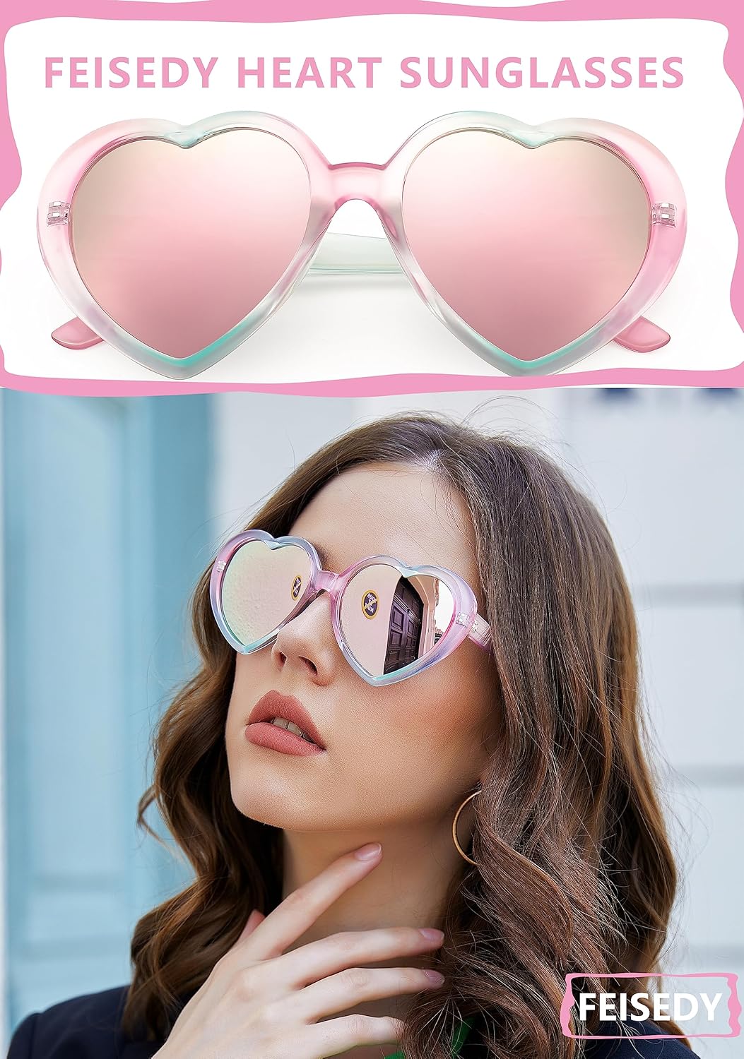 FEISEDY Polarized Heart Shaped Sunglasses Oversized Vintage Fashion Love Eyeglasses for Women UV400 B2337Pinkgreen Frame  Mirror Pink Lens