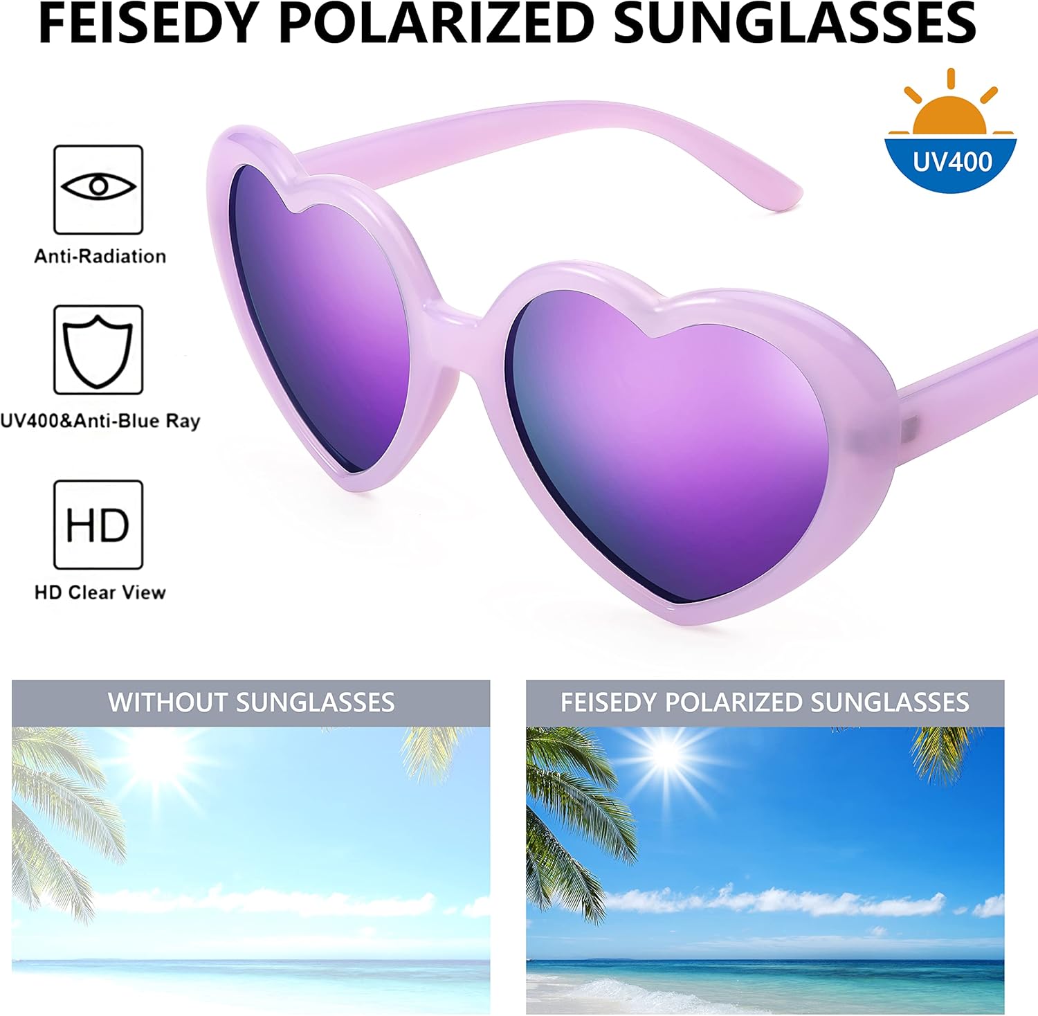 FEISEDY Polarized Heart Shaped Sunglasses Oversized Vintage Fashion Love Eyeglasses for Women UV400 B2337Purple Frame  Mirror Purple Lens