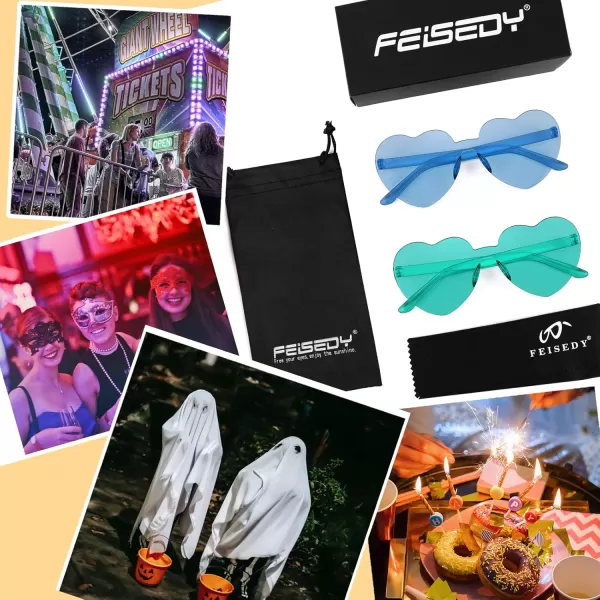 FEISEDY 2 Pack Rimless Heart Shaped Sunglasses Party Glasses Disco One Piece Transparent Trendy Love Glasses B2826F2Blue  Green