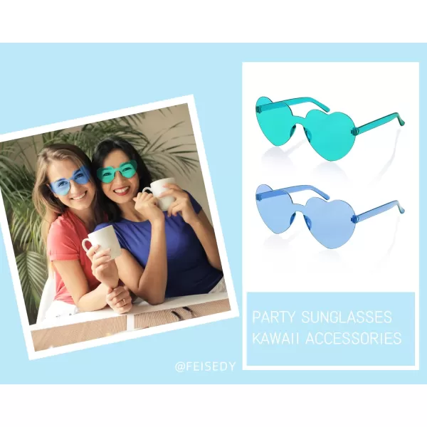 FEISEDY 2 Pack Rimless Heart Shaped Sunglasses Party Glasses Disco One Piece Transparent Trendy Love Glasses B2826F2Blue  Green