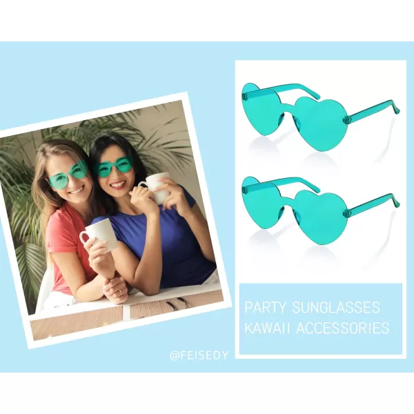 FEISEDY 2 Pack Rimless Heart Shaped Sunglasses Party Glasses Disco One Piece Transparent Trendy Love Glasses B2826F2Green  Green