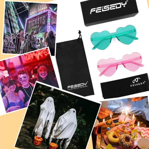 FEISEDY 2 Pack Rimless Heart Shaped Sunglasses Party Glasses Disco One Piece Transparent Trendy Love Glasses B2826F2Green  Pink