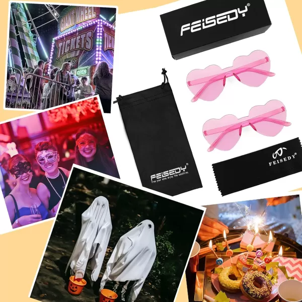 FEISEDY 2 Pack Rimless Heart Shaped Sunglasses Party Glasses Disco One Piece Transparent Trendy Love Glasses B2826F2Pink  Pink