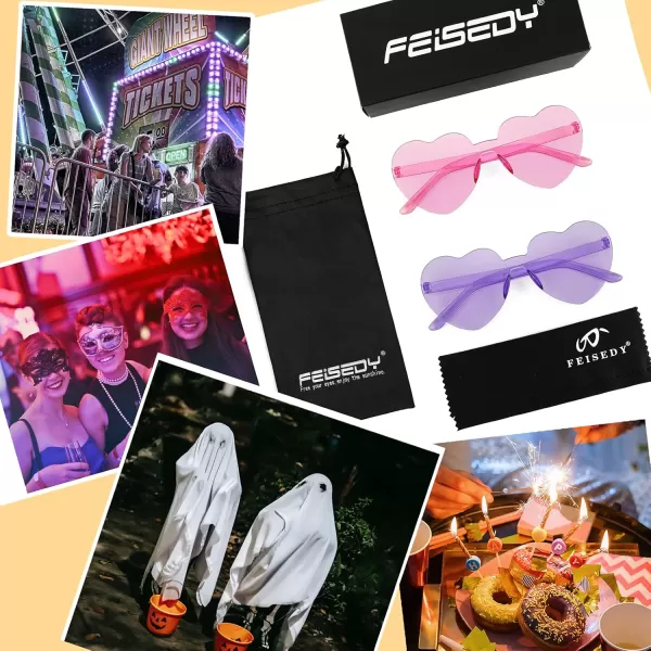 FEISEDY 2 Pack Rimless Heart Shaped Sunglasses Party Glasses Disco One Piece Transparent Trendy Love Glasses B2826F2Purple  Pink