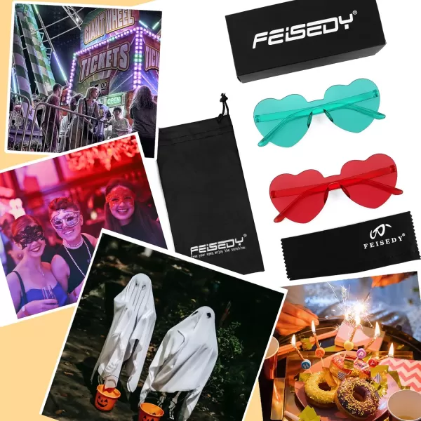 FEISEDY 2 Pack Rimless Heart Shaped Sunglasses Party Glasses Disco One Piece Transparent Trendy Love Glasses B2826F2Red  Green