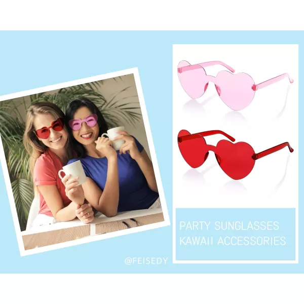 FEISEDY 2 Pack Rimless Heart Shaped Sunglasses Party Glasses Disco One Piece Transparent Trendy Love Glasses B2826F2Red  Pink