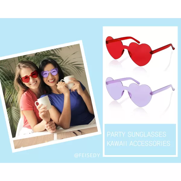 FEISEDY 2 Pack Rimless Heart Shaped Sunglasses Party Glasses Disco One Piece Transparent Trendy Love Glasses B2826F2Red  Purple
