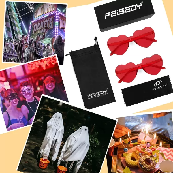 FEISEDY 2 Pack Rimless Heart Shaped Sunglasses Party Glasses Disco One Piece Transparent Trendy Love Glasses B2826F2Red  Red