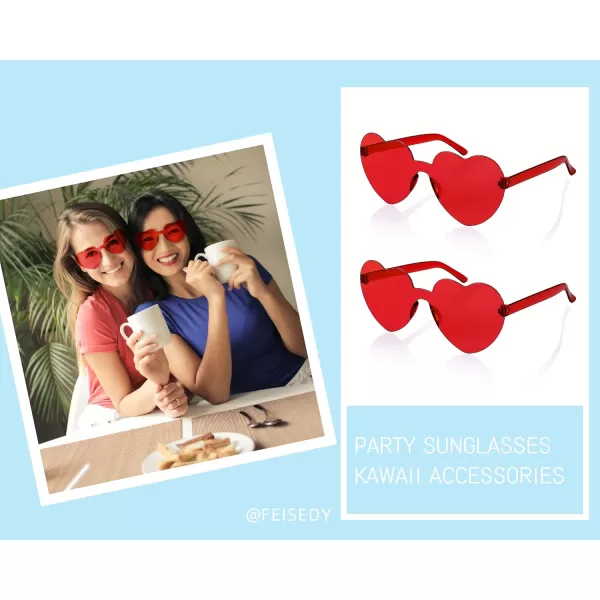 FEISEDY 2 Pack Rimless Heart Shaped Sunglasses Party Glasses Disco One Piece Transparent Trendy Love Glasses B2826F2Red  Red