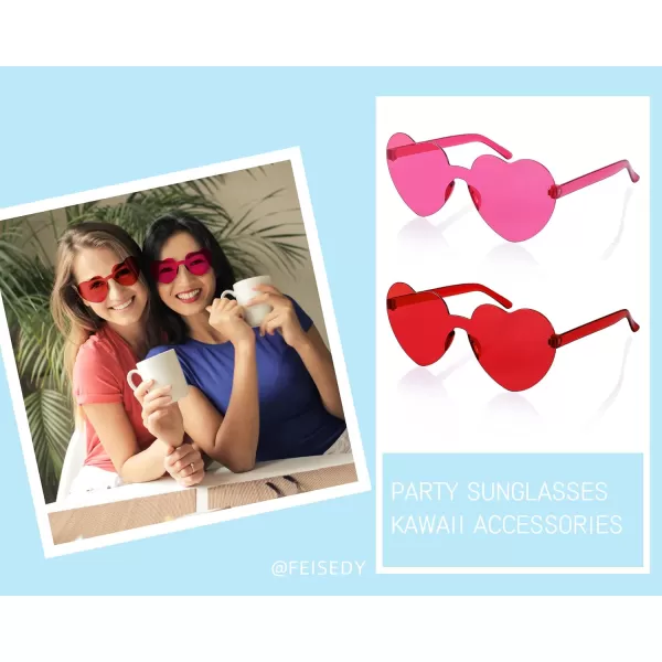 FEISEDY 2 Pack Rimless Heart Shaped Sunglasses Party Glasses Disco One Piece Transparent Trendy Love Glasses B2826F2Red  Rose Red