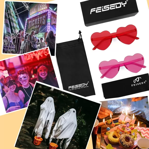 FEISEDY 2 Pack Rimless Heart Shaped Sunglasses Party Glasses Disco One Piece Transparent Trendy Love Glasses B2826F2Red  Rose Red