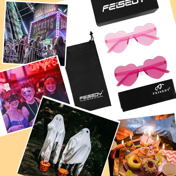 FEISEDY 2 Pack Rimless Heart Shaped Sunglasses Party Glasses Disco One Piece Transparent Trendy Love Glasses B2826F2Rose Red  Pink