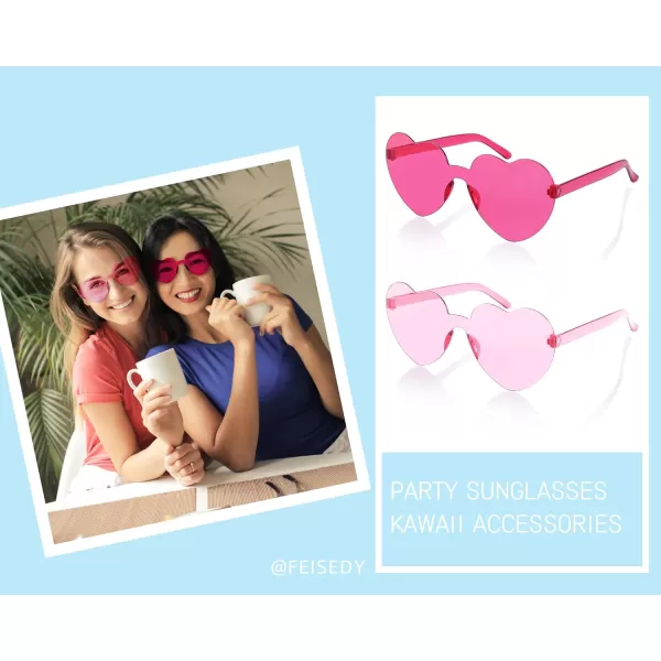 FEISEDY 2 Pack Rimless Heart Shaped Sunglasses Party Glasses Disco One Piece Transparent Trendy Love Glasses B2826F2Rose Red  Pink
