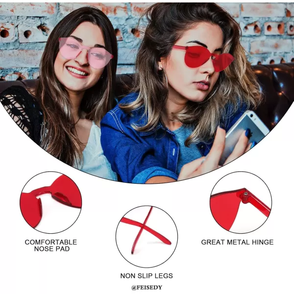 FEISEDY 2 Pack Rimless Round Shaped Sunglasses Women One Piece Transparent Candy Color Cute Glasses B2230Pink  Red