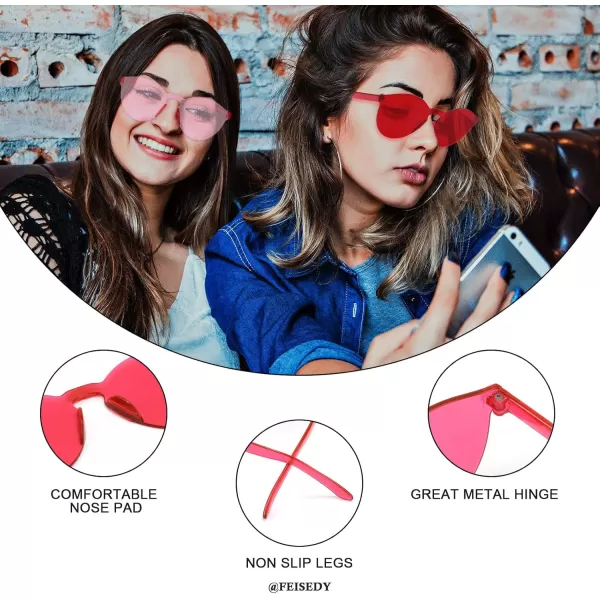 FEISEDY 2 Pack Rimless Round Shaped Sunglasses Women One Piece Transparent Candy Color Cute Glasses B2230Rose Red  Red