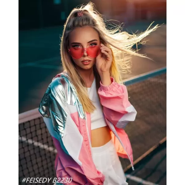 FEISEDY 2 Pack Rimless Round Shaped Sunglasses Women One Piece Transparent Candy Color Cute Glasses B2230Rose Red  Red