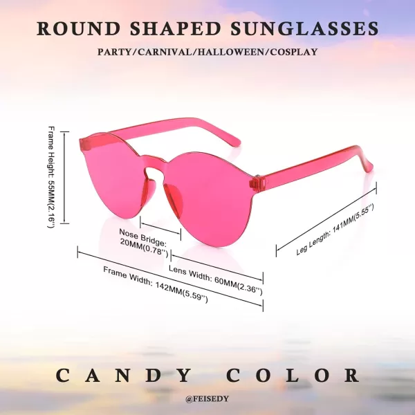 FEISEDY 2 Pack Rimless Round Shaped Sunglasses Women One Piece Transparent Candy Color Cute Glasses B2230Rose Red  Red