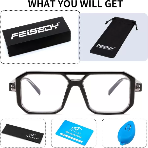 FEISEDY Blue Light Blocking Glasses Aviator Frame Computer ReadingGamingTVPhones Glasses for Women Men B0165Black Grey Frame