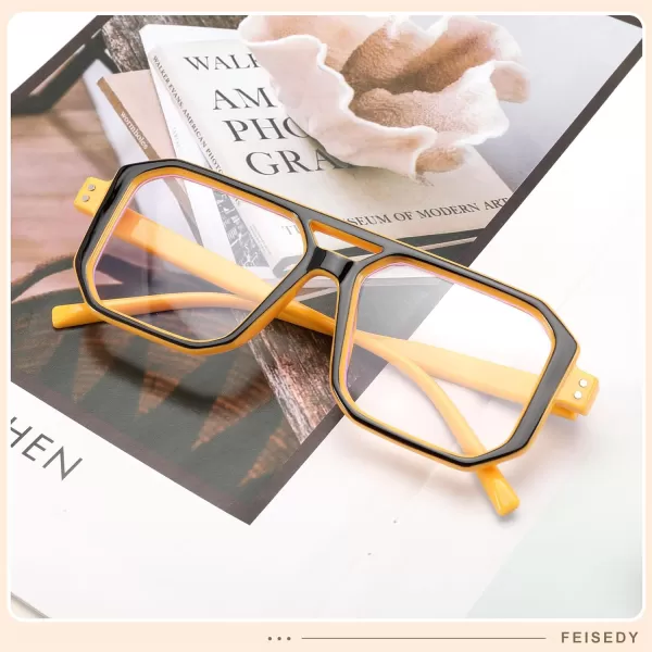FEISEDY Blue Light Blocking Glasses Aviator Frame Computer ReadingGamingTVPhones Glasses for Women Men B0165Black Yellow Frame