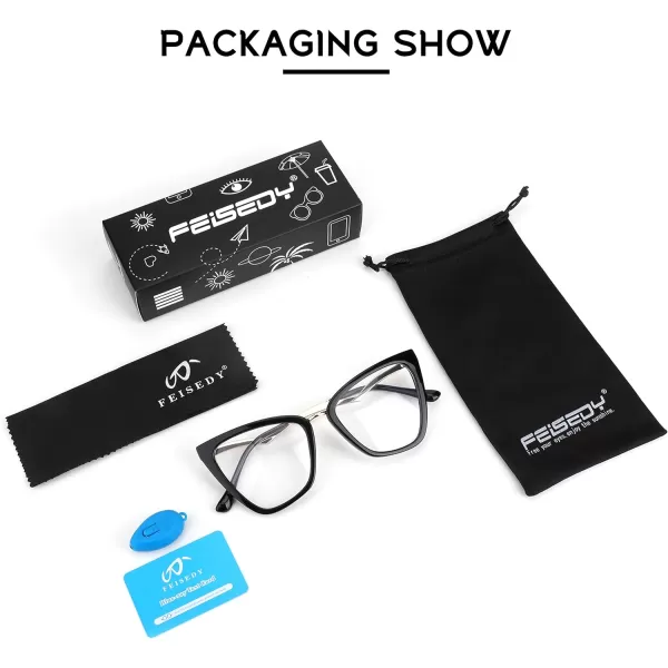 FEISEDY Blue Light Blocking Glasses Computer Glasses Women Men Fashion Cateye Glasses B2914001 Black Frame