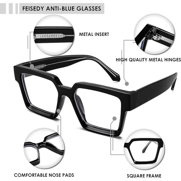 FEISEDY Blue Light Blocking Glasses for Women Men TR Retro Square Anti Eyestrain Glasses Rectangle Chic Look Frame B0037001  Black
