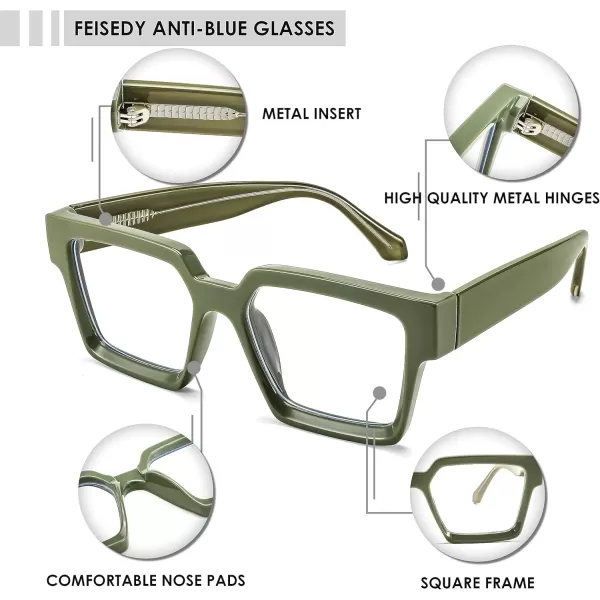 FEISEDY Blue Light Blocking Glasses for Women Men TR Retro Square Anti Eyestrain Glasses Rectangle Chic Look Frame B0037002  Green